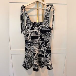 Blooming Jelly Navy and White Leaf Print Mini Dress with Tie-Up Shoulder Straps